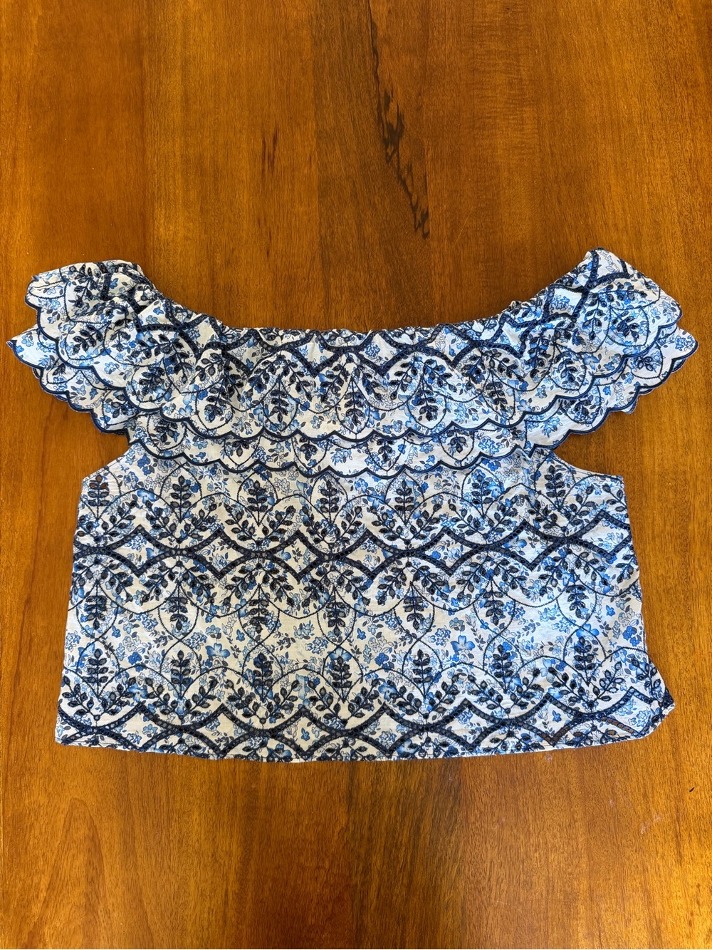 Sezane Blue and White Ruffled Off-Shoulder Crop Top